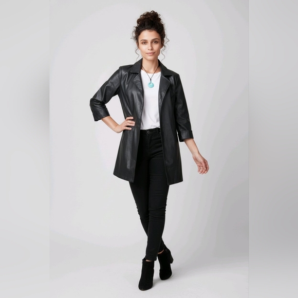 CBR Jackets & Blazers - Women's SM Open Long Trench Pea Coat BLK Faux Leather JKT Lightweight Lined NEW